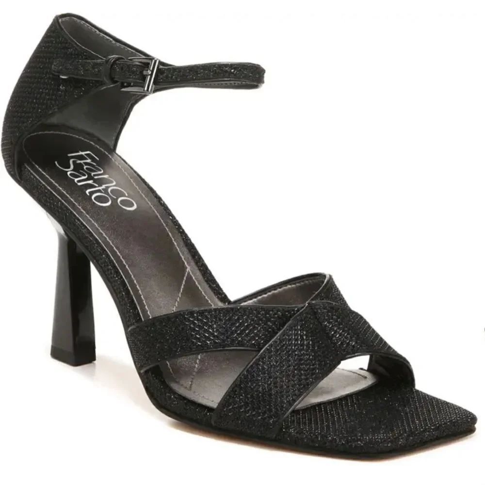 Franco Sarto Rania Women’s Metallic Black Ankle Strap Open Toe Heels Size 7